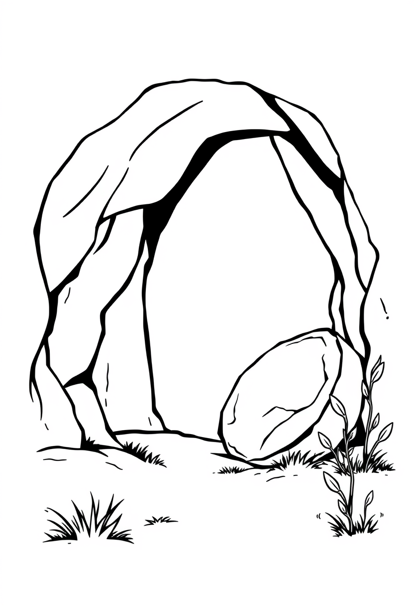 coloring book page. Minimalist illustration of the empty tomb: A cave-like opening with a large round stone rolled to the side. Add rays of light coming from the cave entrance. Include simple plants or flowers nearby to suggest new life. White background, black and white drawing, sharp black lines.