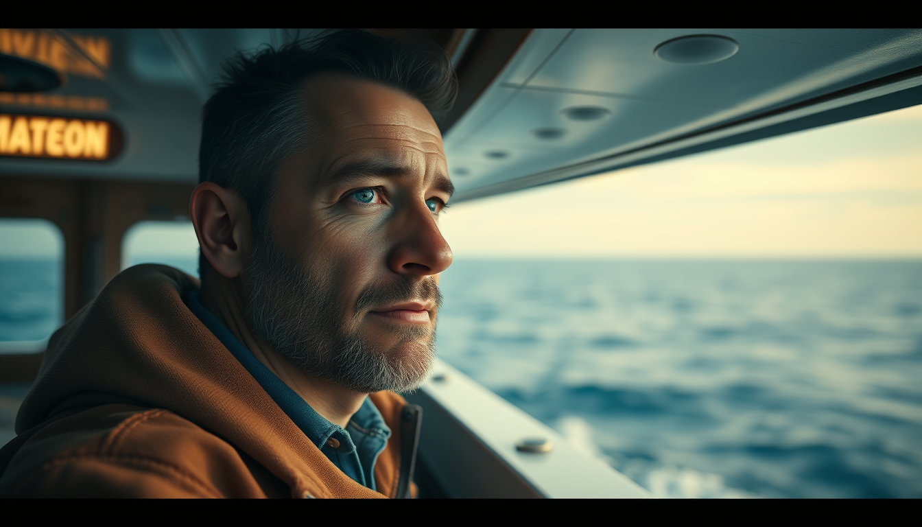 Ultra realistic photography portrait of a man in a ship with ocean horizon, 8K cinematic, post-processing, super-resolution. - Image