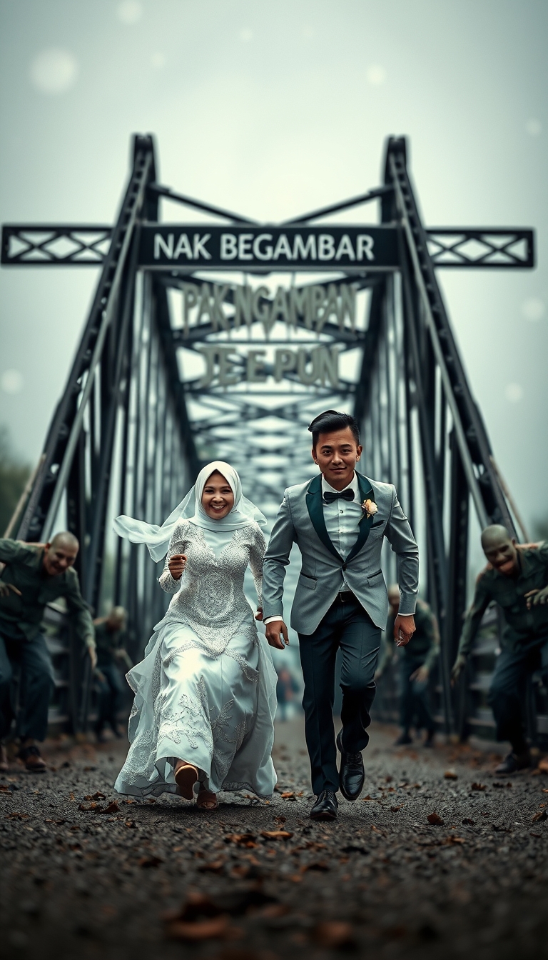 A captivating and surreal photograph of a couple adorned in traditional Malay white wedding attire. The bride dons a stunning "pengantin" outfit, while the groom stands tall and confident. They are seen racing towards a mysterious and ominous black metal bridge marked "Pengantin to Busan." The bridge symbolizes their passage into a new chapter of their lives together. The Malay text "NAK BERGAMBAR JE PUN" hangs above them, adding an enigmatic touch. The dramatic scene is further intensified by a bokeh background and the eerie presence of pursuing zombies. This image masterfully blends love, adventure, and suspense, creating a unique fusion of emotions and horror. - Image