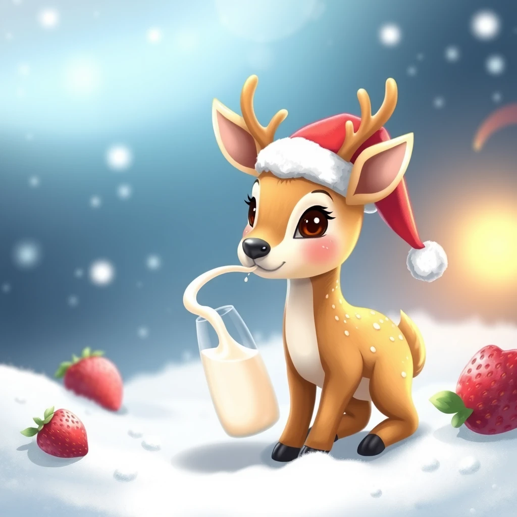 "A cute baby deer that must drink a million bottles of strawberry milk on Earth to go to Santa's star, spaceship, 'Dolppu' title text." - Image