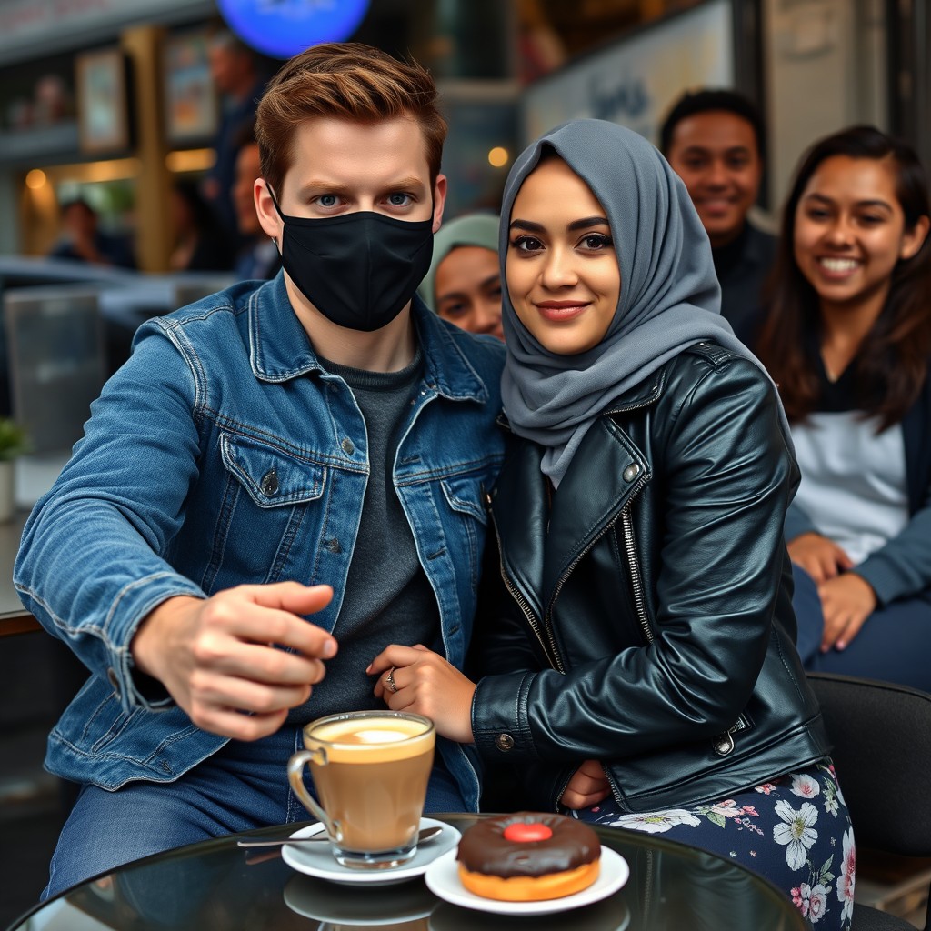 Jamie Dornan's head and body shot, handsome, young, face mask black, blue jeans jacket, jeans, dating love with a grey hijab Muslim girl, beautiful eyes, face mask black, black leather jacket, biggest floral skirt, at a cafe, 2 cups of latte, muffin cake, choco donut on a table, with another 3 friends smiling at the back, photorealistic, hyper realistic, street photography, selfie. - Image