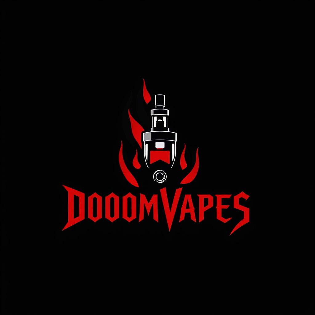 Sleek, minimalist logo for DoomVapes featuring a stylized vape tank engulfed in ethereal, crimson flames. Infernal typography with sharp, angular serifs. Monochromatic color scheme: deep black and blood red. Balanced composition with negative space suggesting smoke tendrils. Evokes a sense of rebellious, edgy sophistication. - Image