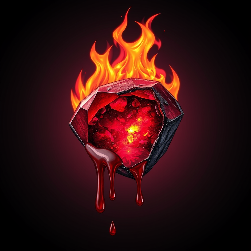 A tee shirt design of a beautiful ruby on fire with beautiful liquid red ruby dripping with flames. The ruby has black char all over it and subtle colorful embers burning in the ruby. Inside of the ruby should be reminiscent of beautiful galaxies perfectly blended with chaos. Striking and otherworldly on a transparent background. - Image