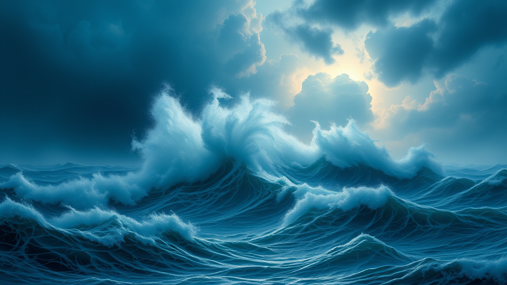 by Ivan Aivazovsky, romanticism, shutterstock, storm at sea, a violent storm at sea, wild ocean storm at night, storm of all storms, Blue tone, Pastel