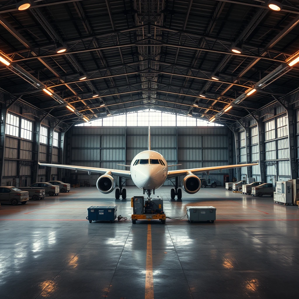 empty aircraft hangar interior environment tool boxes late afternoon atmospheric cinematic