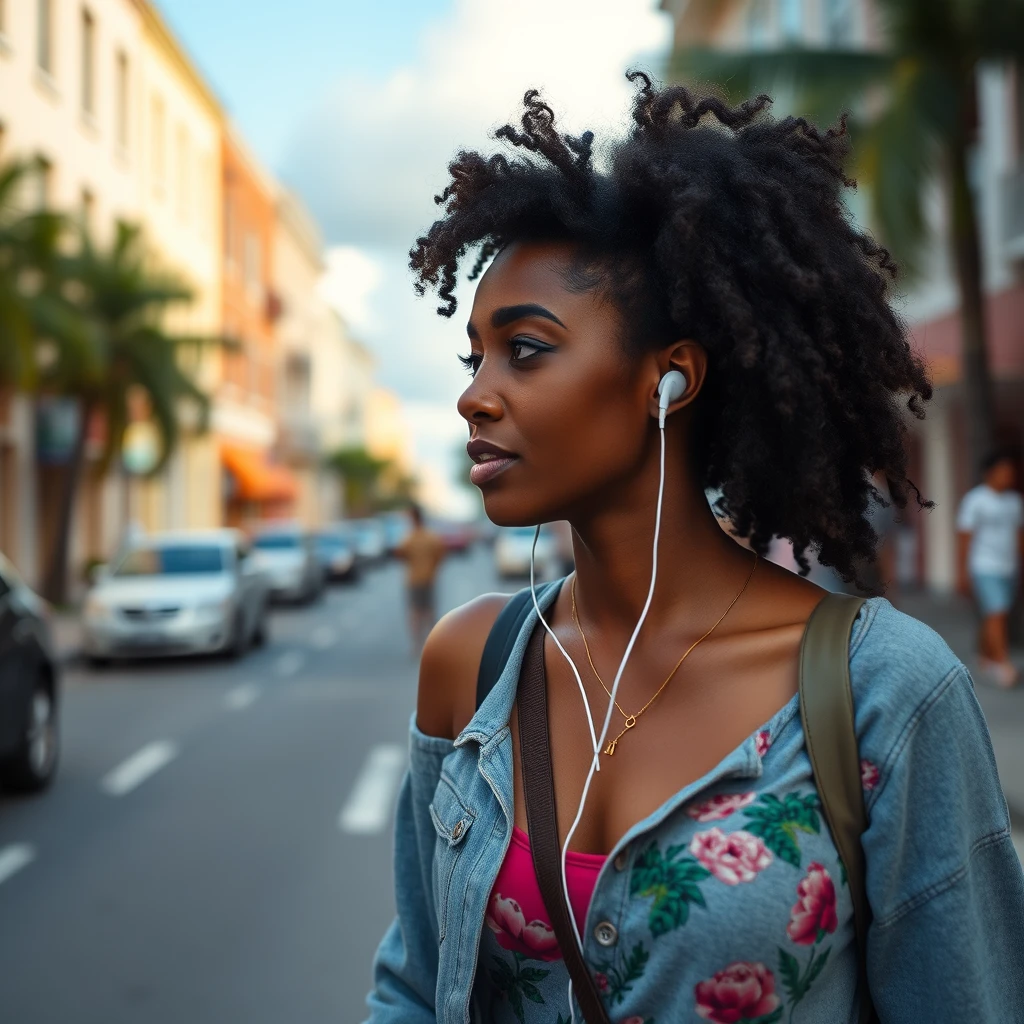 A young black woman walking on a Nassau street in the Bahamas listening to a podcast on her earbuds. - Image