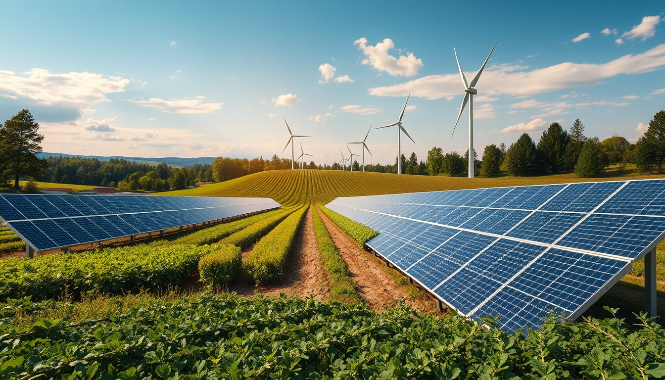 A wide-angle shot of a modern, eco-friendly farm with solar panels, wind turbines, and organic crops in the foreground.