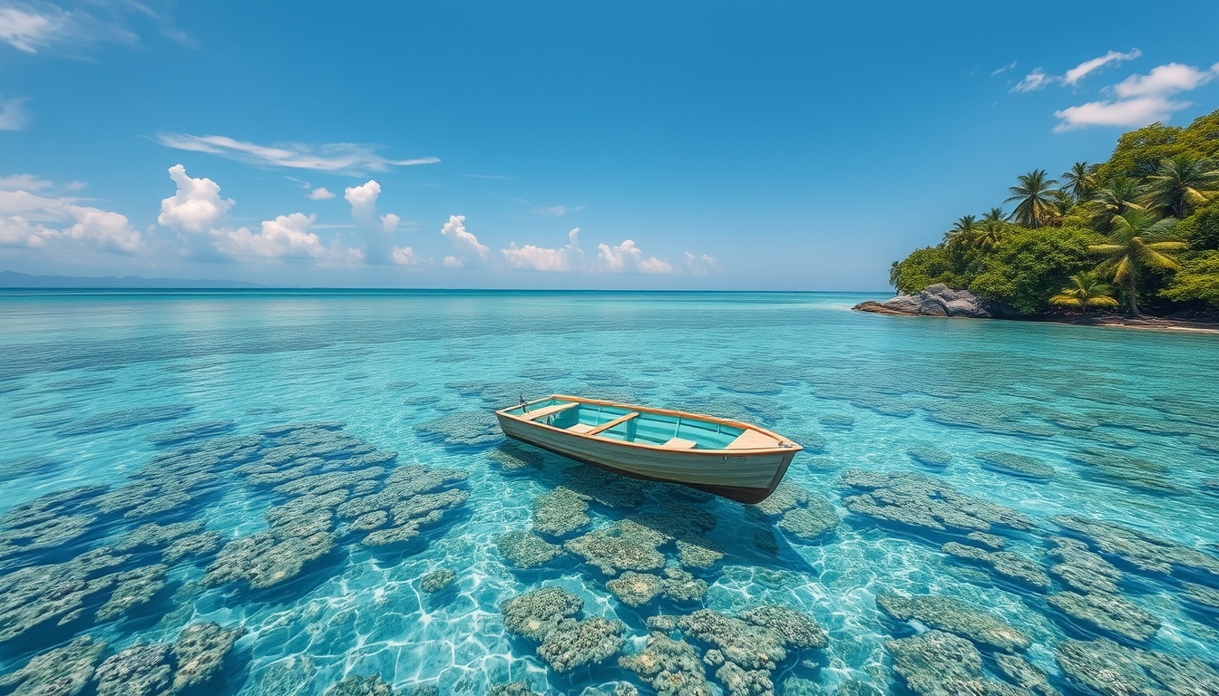 A tranquil beach with a glass-bottomed boat floating over a coral reef.