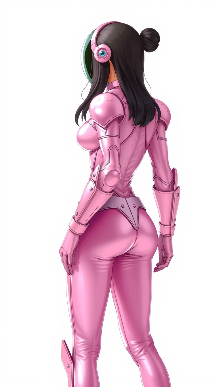 Ultra Detailed Character portrait, A person standing in a three-quarter view, facing forward. Arm position: Hanging naturally at sides, Pink space Armor bodysuit, female, anime style, super glamorous space female pirate, Pink Clothes made of shiny vinyl, Pink space bodysuit, A view from the waist up to the head, The background is a simple white color, cute Feel like a villain, Bizarre suits like space alien designs. - Image