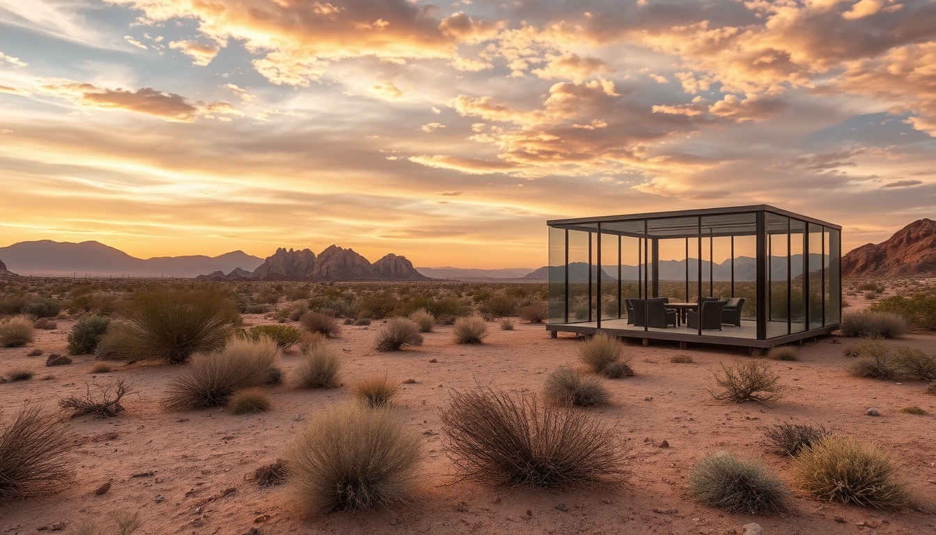 A dramatic desert landscape with a glass pavilion offering shade and shelter.