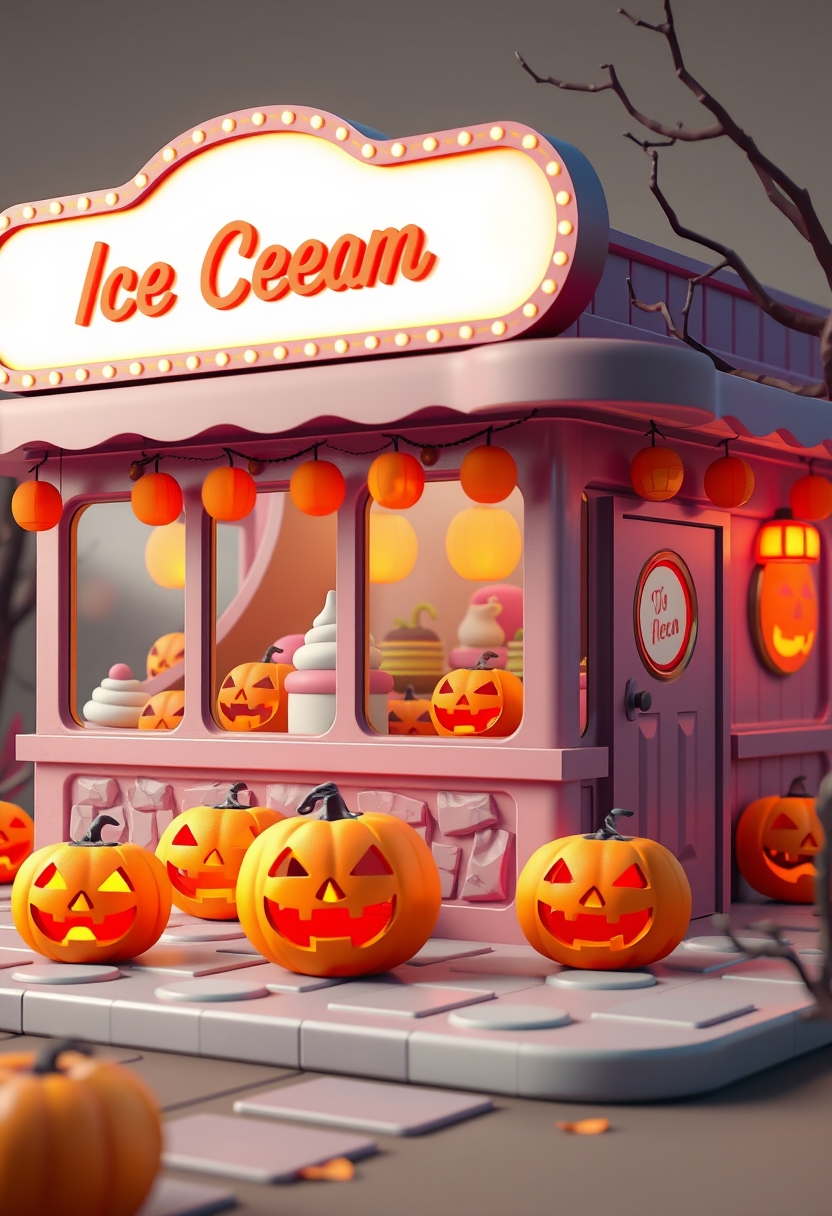 Ice cream parlor with jack-o'-lanterns, festive Halloween theme, 3D illustration. - Image