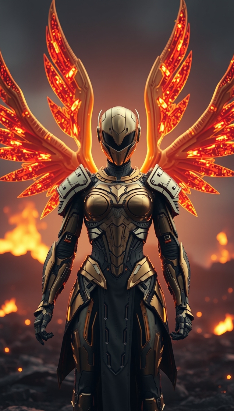 Cinematic shot of a cyborg female battle angel rising from ashes, golden regal Valkyrie armor, futuristic, full smooth helmet, standing on a battlefield, movie scene, film grain, realistic, shot from below, dark lighting.