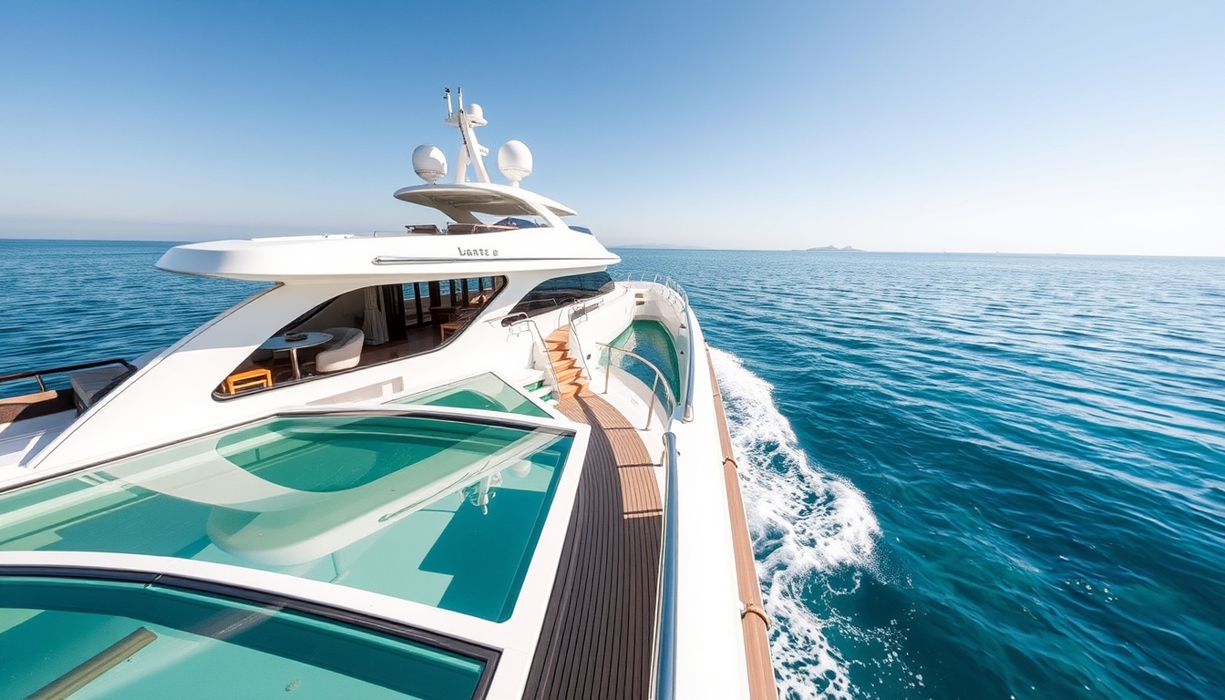 A luxurious yacht with a glass deck, cruising through crystal-clear waters.