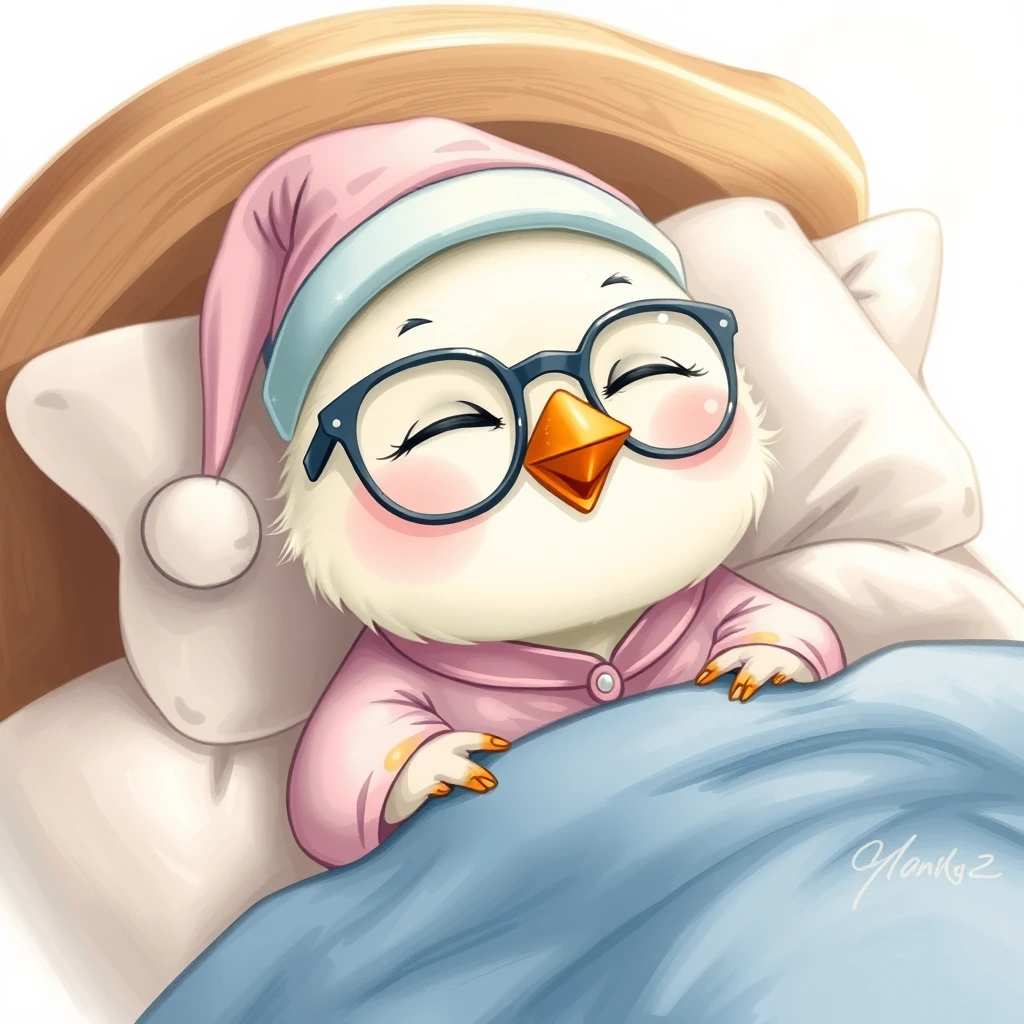 Realistic drawing of a sweet little cute Kawaii bird with glasses and a nightcap, wearing a beautiful pajama and a sleepy hat, happily sleeping in its cute little bed. - Image