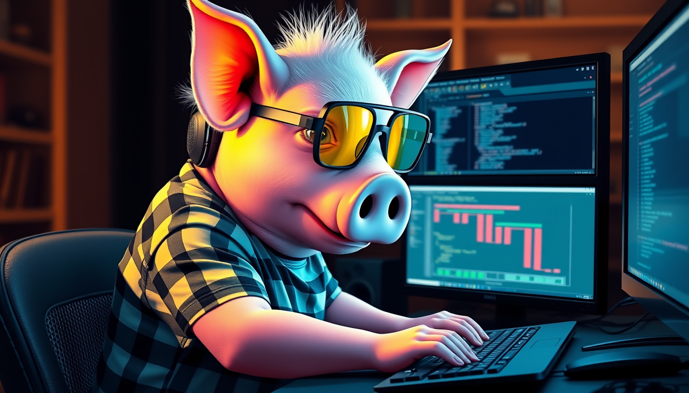 A tech-savvy pig who codes, wearing yellow-tinted glasses and sleek noise-cancelling headphones, hunches over a cutting-edge multi-monitor setup. The anthropomorphic pig exudes focus, typing furiously. It is wearing a plaid t-shirt. - Image