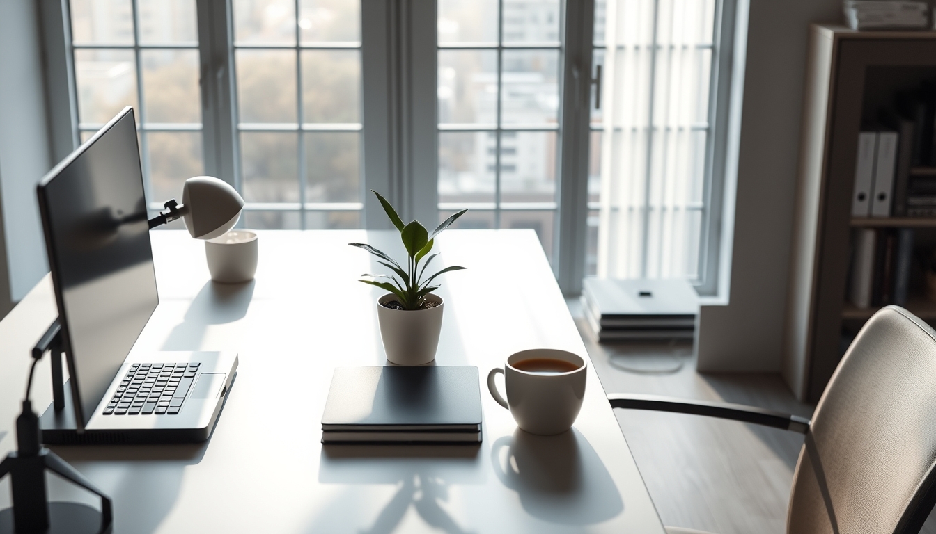 A sleek, modern home office setup bathed in natural light, with a single potted plant and a cup of coffee on the desk, emphasizing simplicity and productivity. - Image