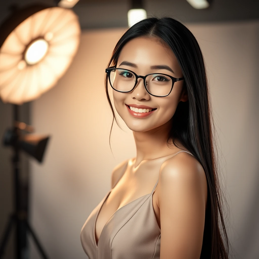 25-year-old Asian woman model in a high cut, high-quality dress in a photo studio. Light makeup, heavy rimmed glasses. Clear skin. Realistic skin style with long, smooth, dark black hair. Shooting lights, indentations, cable lights studio background. Blink your left eye. Smile. Bokeh. Heavy bokeh, light color.