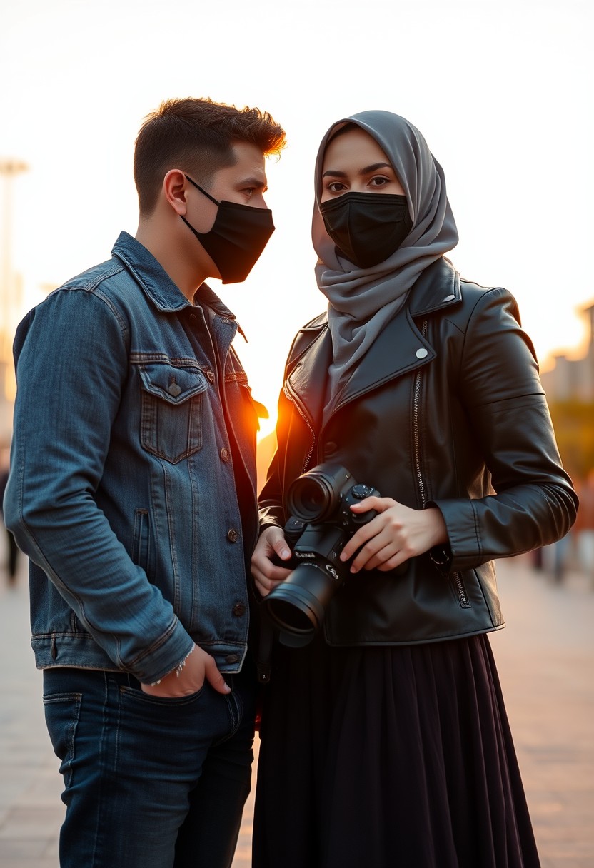 Jamie Dornan's head and body shot, handsome, black face mask, denim jacket, jeans, dating, love couple, with the tallest Muslim girl wearing a grey hijab, black face mask, beautiful eyes, black leather jacket, longest skirt, holding a DSLR Canon camera, sunset, hyper-realistic, street photography.