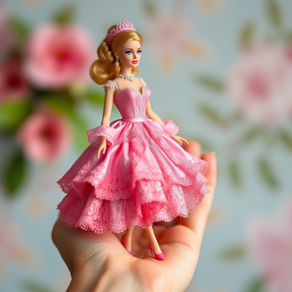 miniature barbie doll on hand, pink rococo dress