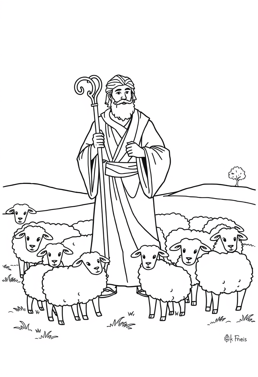 Coloring book page. Line art of the Good Shepherd for a coloring page: A shepherd figure holding a staff, surrounded by sheep of various sizes. Include simple hills and perhaps a tree in the background to suggest a pastoral setting. White background, black and white drawing, sharp black lines. - Image