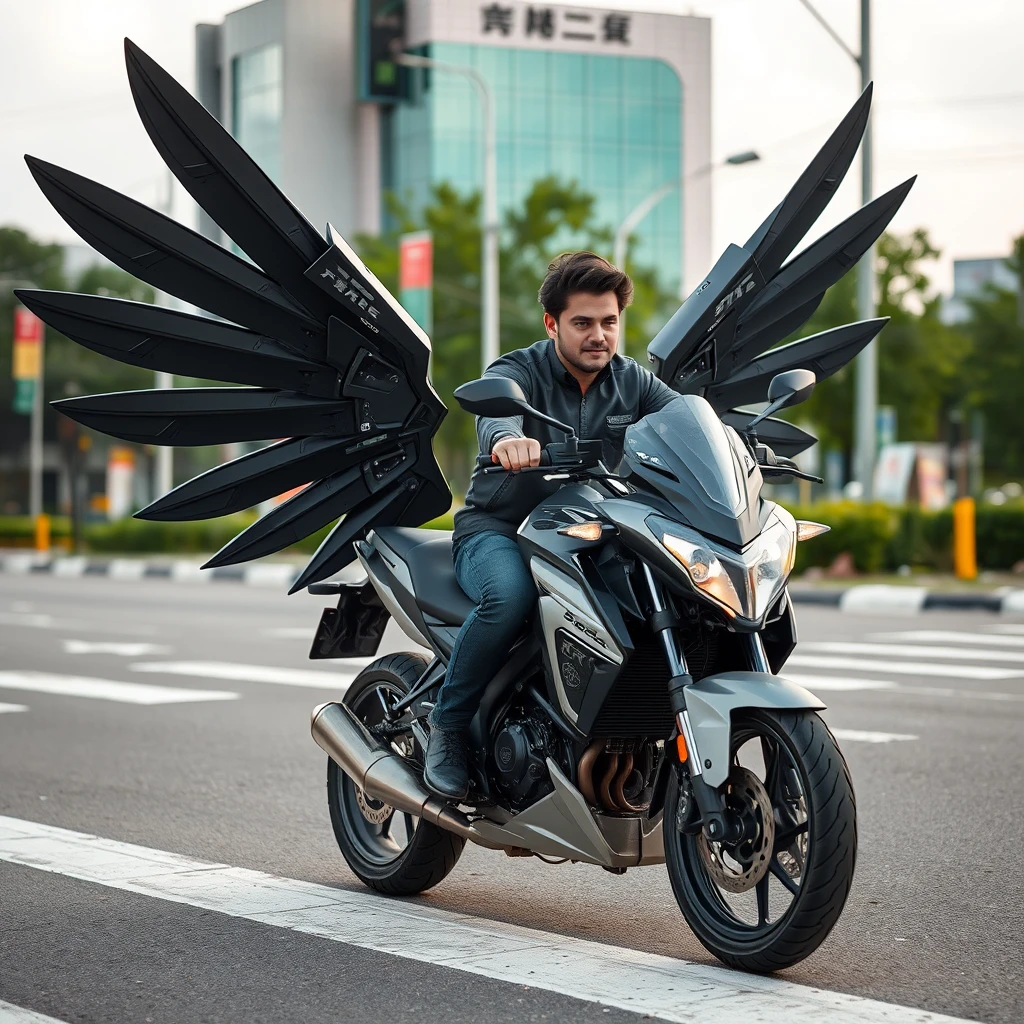 At the intersection, a handsome guy is riding a smart motorcycle, which has huge mechanical wings, with Chinese characters or Japanese on it. - Image