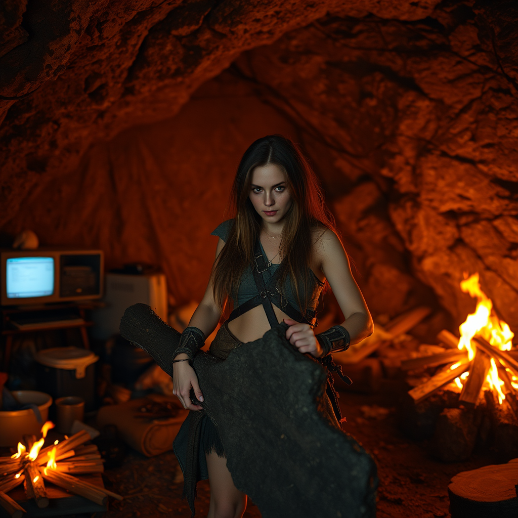 Real-life photography: At night, in the cave, there is a female barbarian. The cave is very large, with a bonfire, a 90s desktop computer, and some messy household items. She is holding a heavy piece of wood.