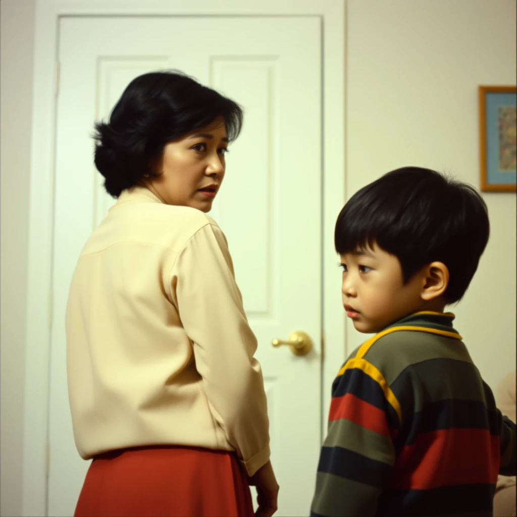 Movie Footage, Asian, 80s, Interior, A Woman, Facing the Camera, She Is Loudly Scolding A Little Boy, The Child Is Sad, Lost Expression, Turning Back To The Woman, Leaving Home Scene, Award-Winning Works, Rich Expressions, Exaggerated Movements, - Image