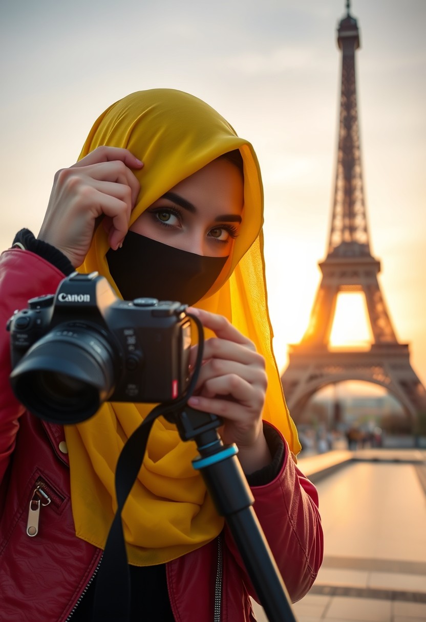 Biggest hijab yellow Muslim girl, beautiful eyes, face mask black, red leather jacket, black biggest skirt, camera DSLR CANON, tripod, taking photos, sunrise, morning scenery, Eiffel Tower, hyper-realistic, street photography. - Image