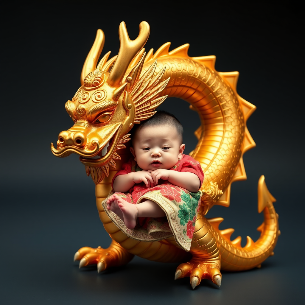 A golden dragon holds a one-month-old Chinese boy.