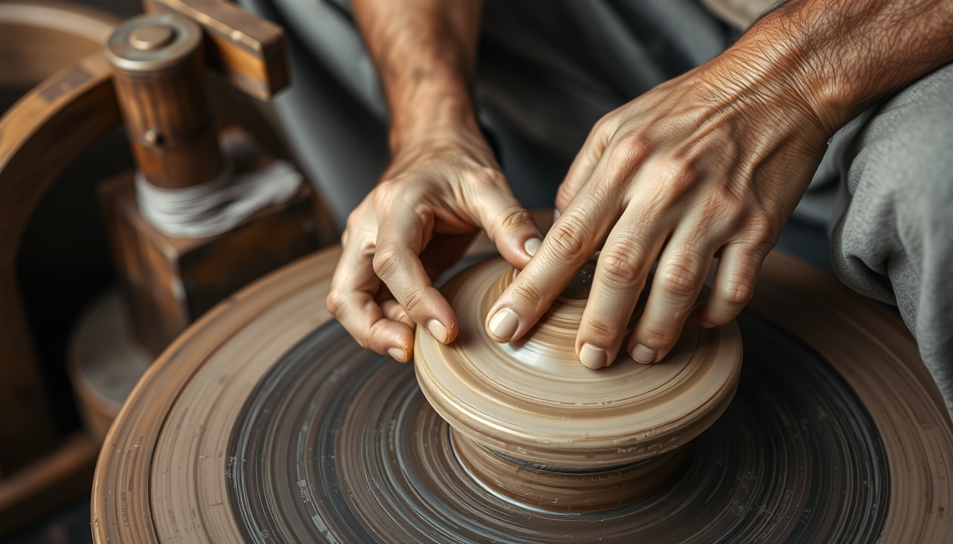 A close-up of a craftsman's hands meticulously shaping a piece of pottery on a spinning wheel, with earthy tones and rich textures.