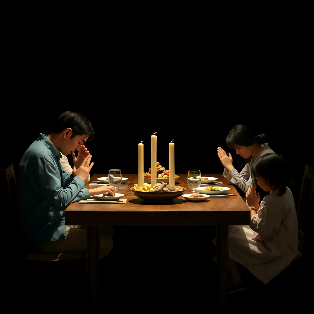 An Asian family sitting together around a dining table praying, photorealistic, 1:1 ratio, serene, dark background, plenty of whitespace around the subject, no deformed arms, no extra arm, casual clothing. - Image