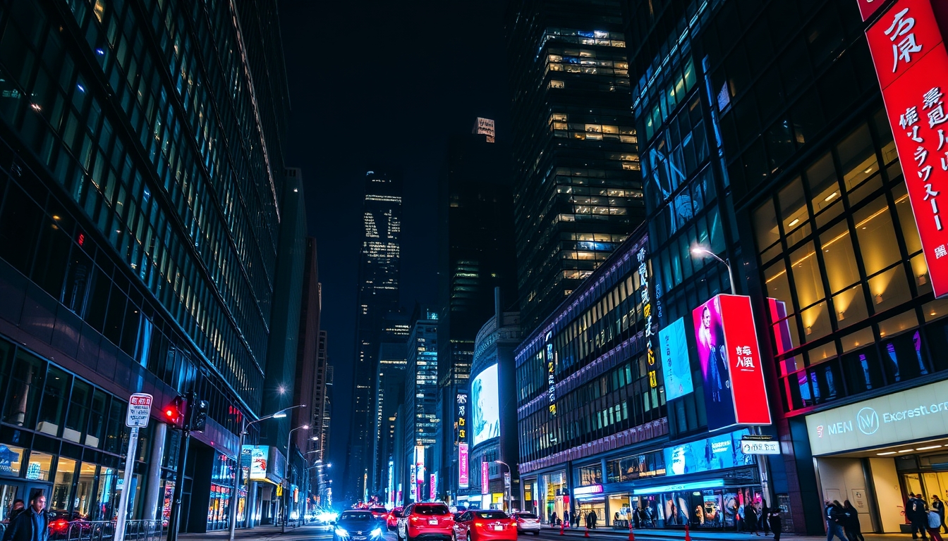 A vibrant city street at night, with reflections in the glass windows of skyscrapers.