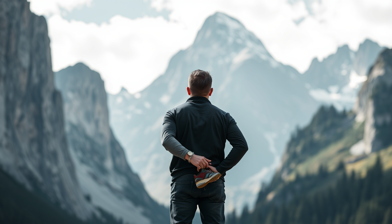 A thumbnail of a man standing behind a mountain holding a shoe, graphic design, colorism. - Image