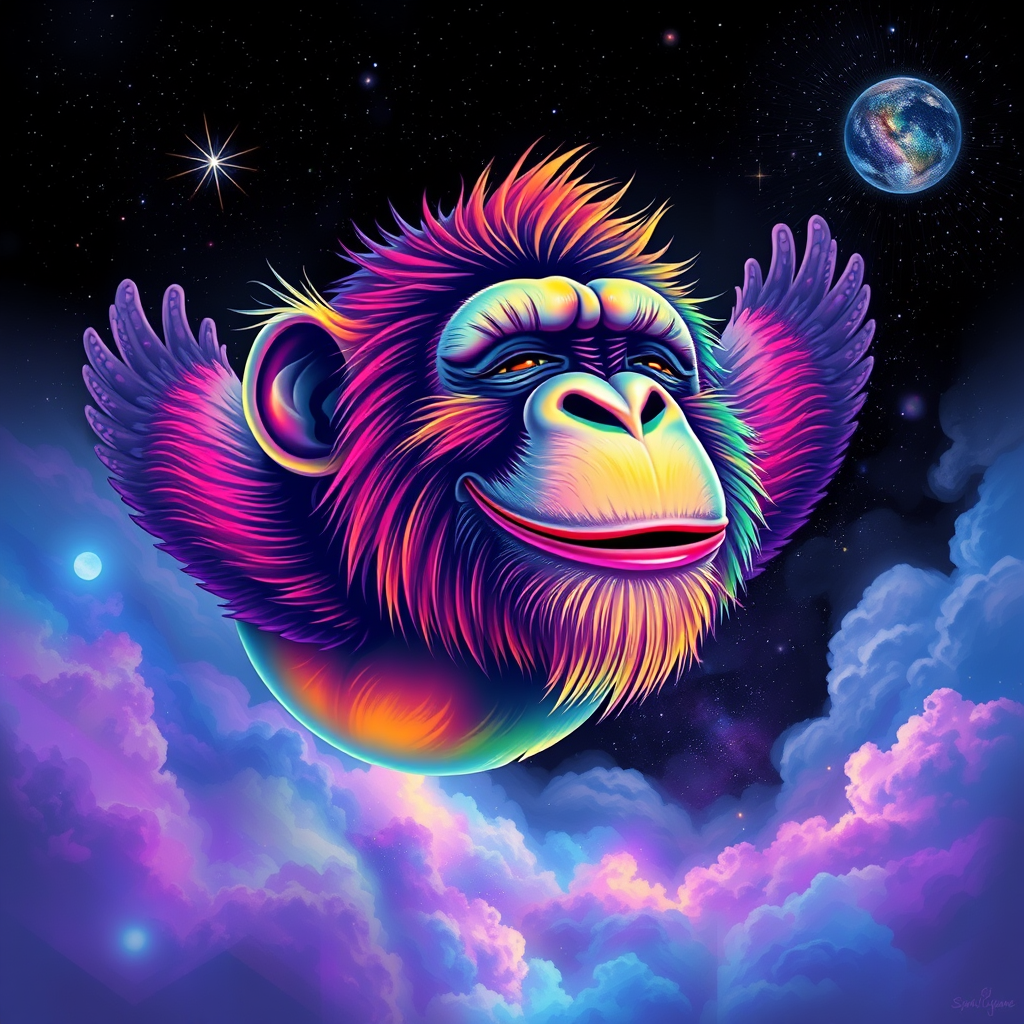 A captivating digital painting of a happy ape soaring through a dreamy, cosmic landscape. The ape sports a vibrant rainbow color palette, with flashes of color interspersed throughout the scene. The background features a starry cosmos with swirling galaxies and nebulas. The ape's eyes are closed, exuding a serene expression, while its serene smile is a testament to its peaceful state. The glitchy edges, fading to black, add a unique and striking touch to the design. The subtle acid rainbow cubic glitch effect adds depth and visual intrigue to this mesmerizing, dreamy tee shirt design. - Image