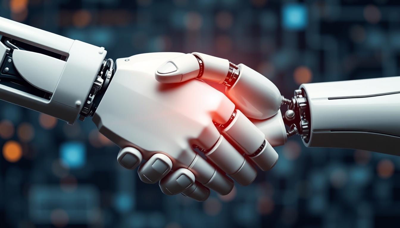 The handshake of a robot with a human background artificial intelligence and digital transformation.