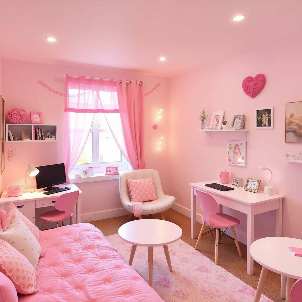 Make a girl's room warm and cozy, with light pink furniture and decorations, a computer, mobile phone, pillows, tables, and chairs. - Image