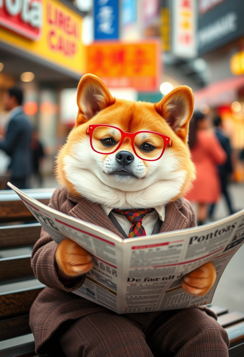 Pet photography of a chubby little Shiba Inu, with a silly and cute expression, is focused on reading a newspaper, sitting on a bench in a bustling commercial area. The background is blurred, wearing a brown plaid suit and red-framed glasses, in high definition quality, suitable for a phone wallpaper, realistic, master's work.