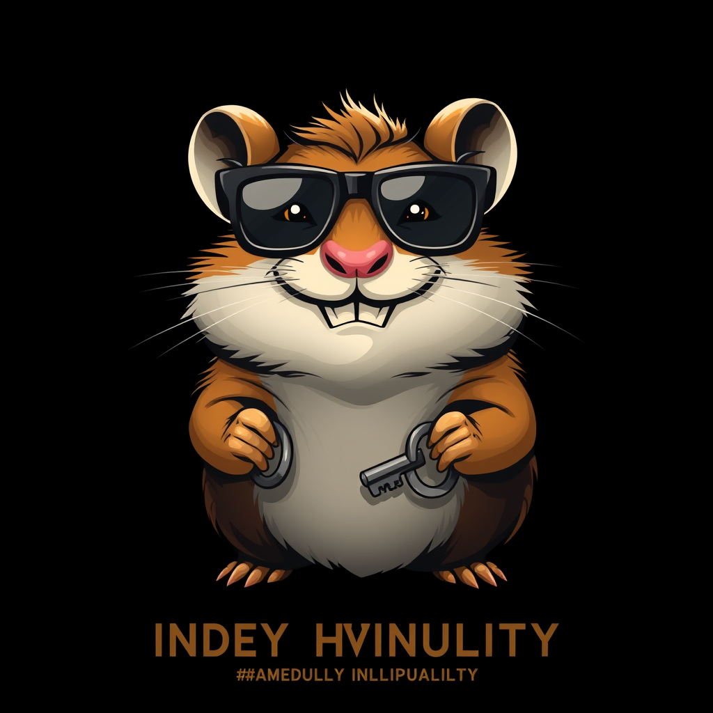 Sly hamster with mischievous grin, wearing darkened glasses and holding a key, dark background, digital art, logo design, subtle lighting, emphasis on individuality. - Image