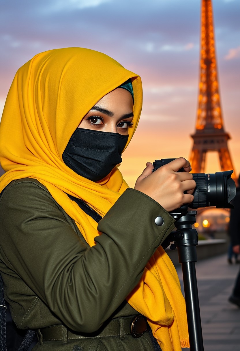 Biggest hijab yellow Muslim girl, beautiful eyes, face mask black, green army leather jacket, biggest skirt, camera DSLR Canon, tripod, taking photos of Eiffel Tower, sunrise, morning scenery, hyper-realistic, street photography. - Image