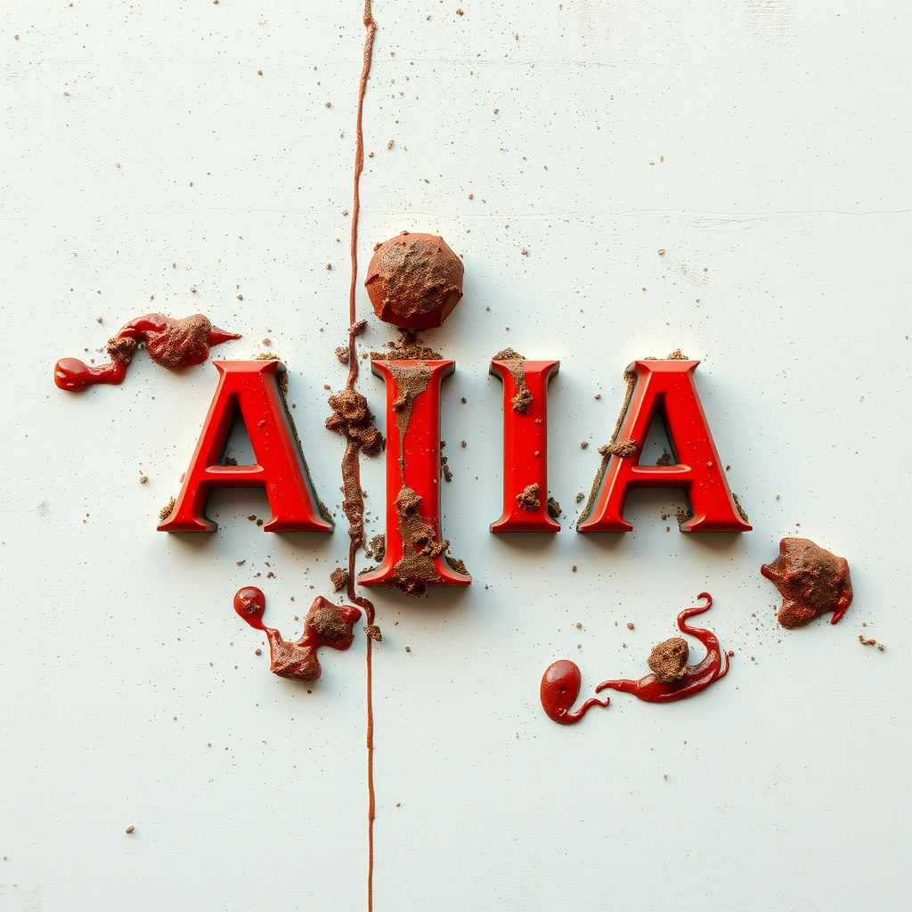 A realistic 3D red color "AIA" logo tarnished and stained with feces. - Image