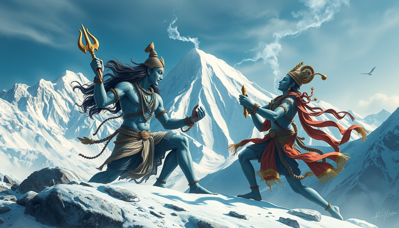 God Shiva and God Krishna, fighting, Kailash Mountain, snowy, quality, detailed.