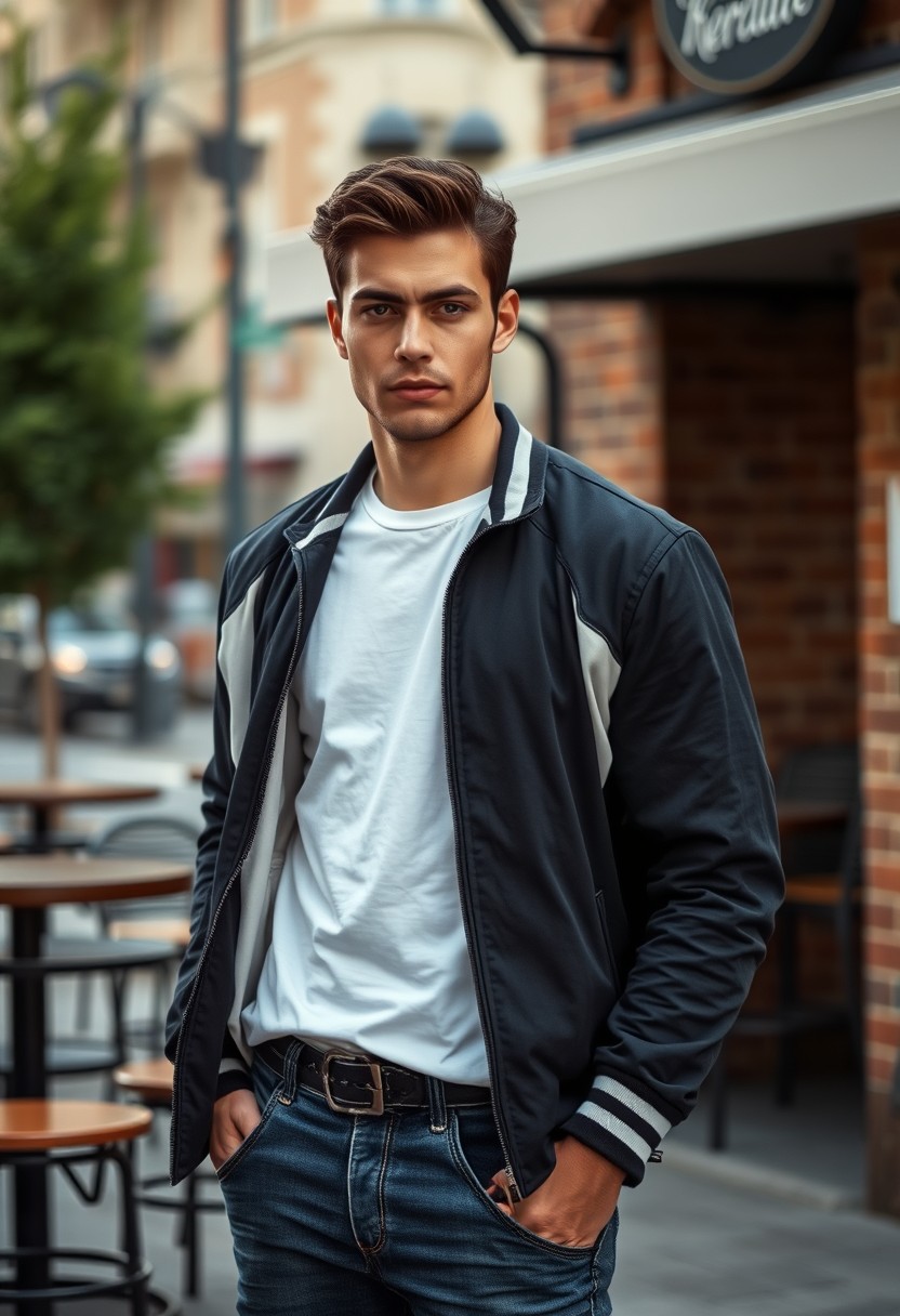 Christian Grey look-alike head and body shot, handsome young man, dark brown hair, serious face, white T-shirt, college jacket, skinny jeans, sneakers, standing stylishly near a café, hyper-realistic, street photography, brick wall, full body photo, morning scenery. - Image