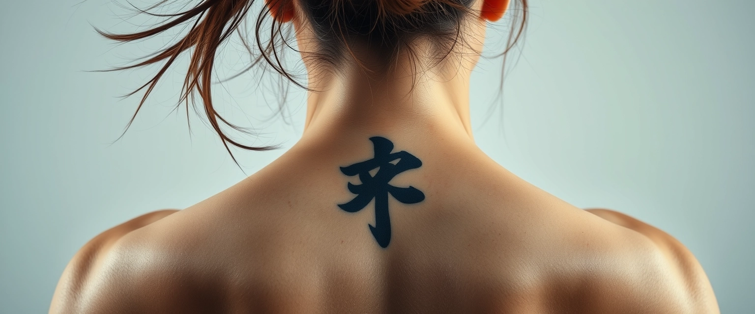 Close-up view of a tattooed back neck of a muscular Indian-Korean woman with white skin, hair flying, sweating.