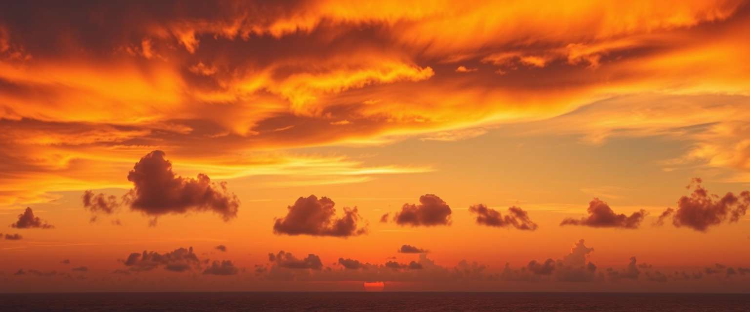 fiery sunset, clouds, high quality, photorealistic, evening sky, reflection, serene, seashells