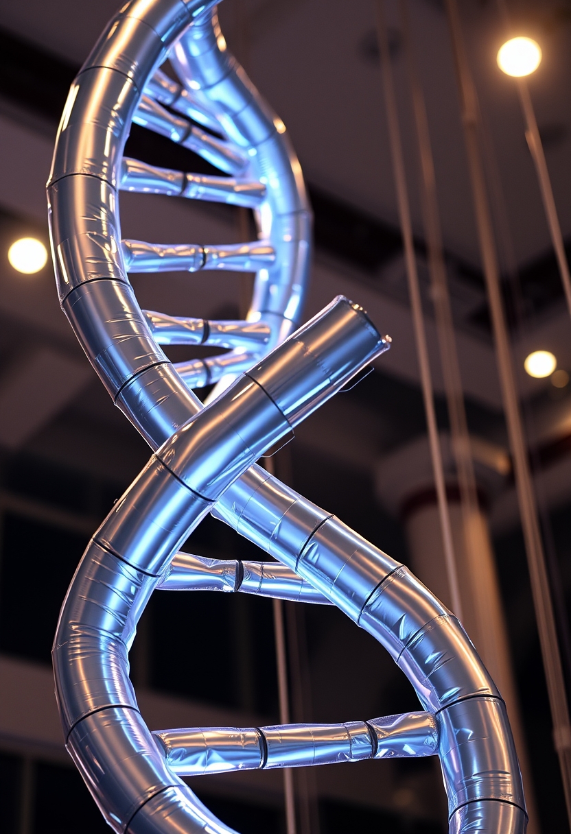 Shiny inflatable DNA double helix floating in the air. - Image