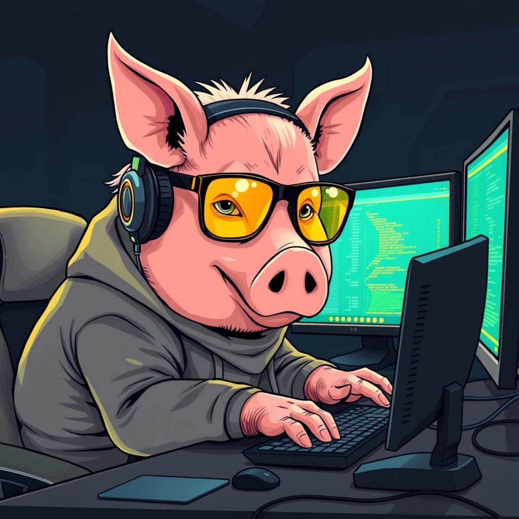 A tech-savvy porcine coder, donning yellow-tinted glasses and sleek noise-cancelling headphones, hunches over a cutting-edge multi-monitor setup. The anthropomorphic pig exudes focus, typing furiously. - Image