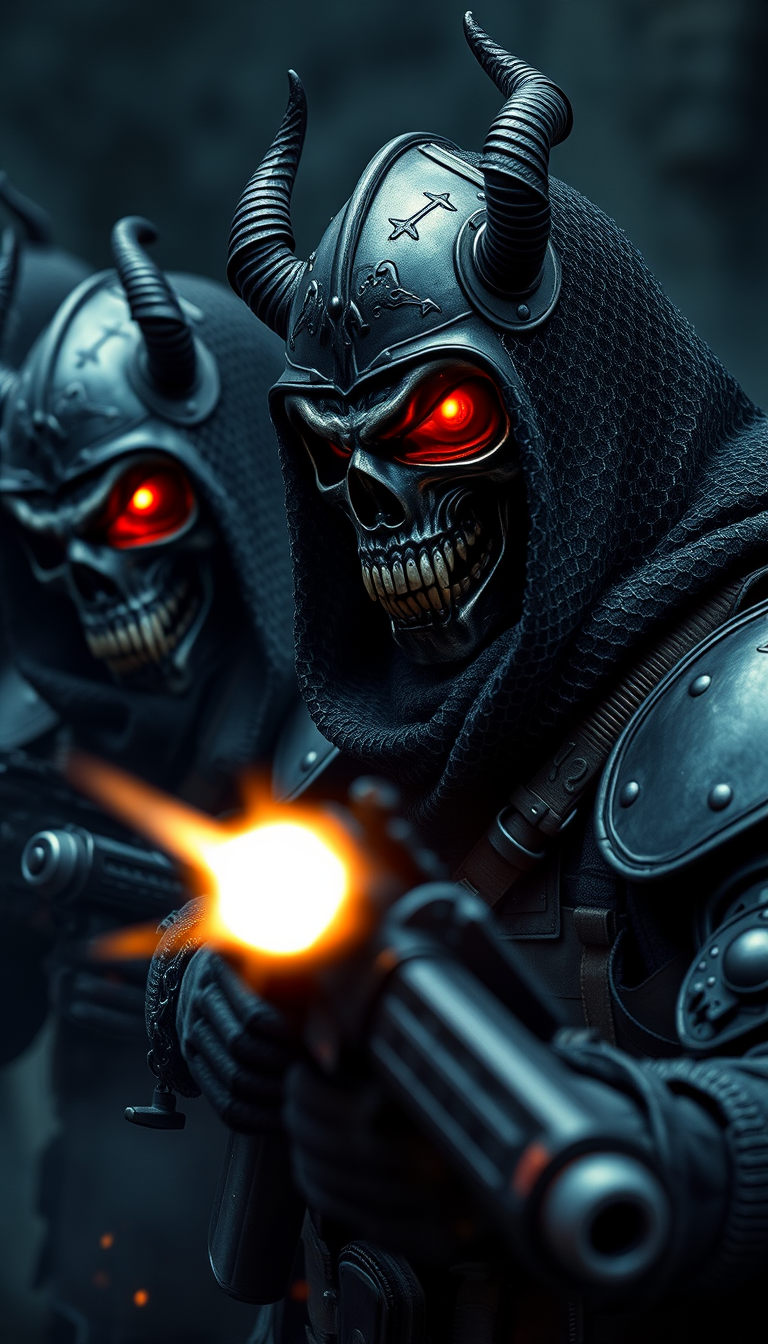 British special forces merge with a demonic Knights Templar aesthetic. Skull-faced masks with glowing eyes, razor-sharp teeth, and prominent horns. Firing weapons with visible muzzle flashes. Draped in thick chainmail veils and bullet-proof ancient armor. Shrouded in dark mist, emanating an aura of intimidation and fear.