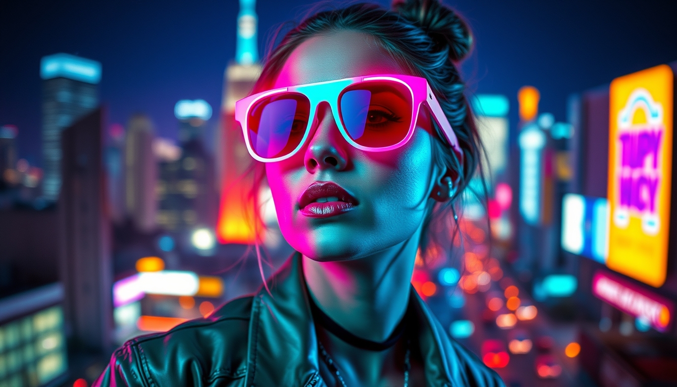 A stylized portrait of a young woman in 80s-inspired fashion, neon lights reflecting off her sunglasses, with a vibrant cityscape in the background.