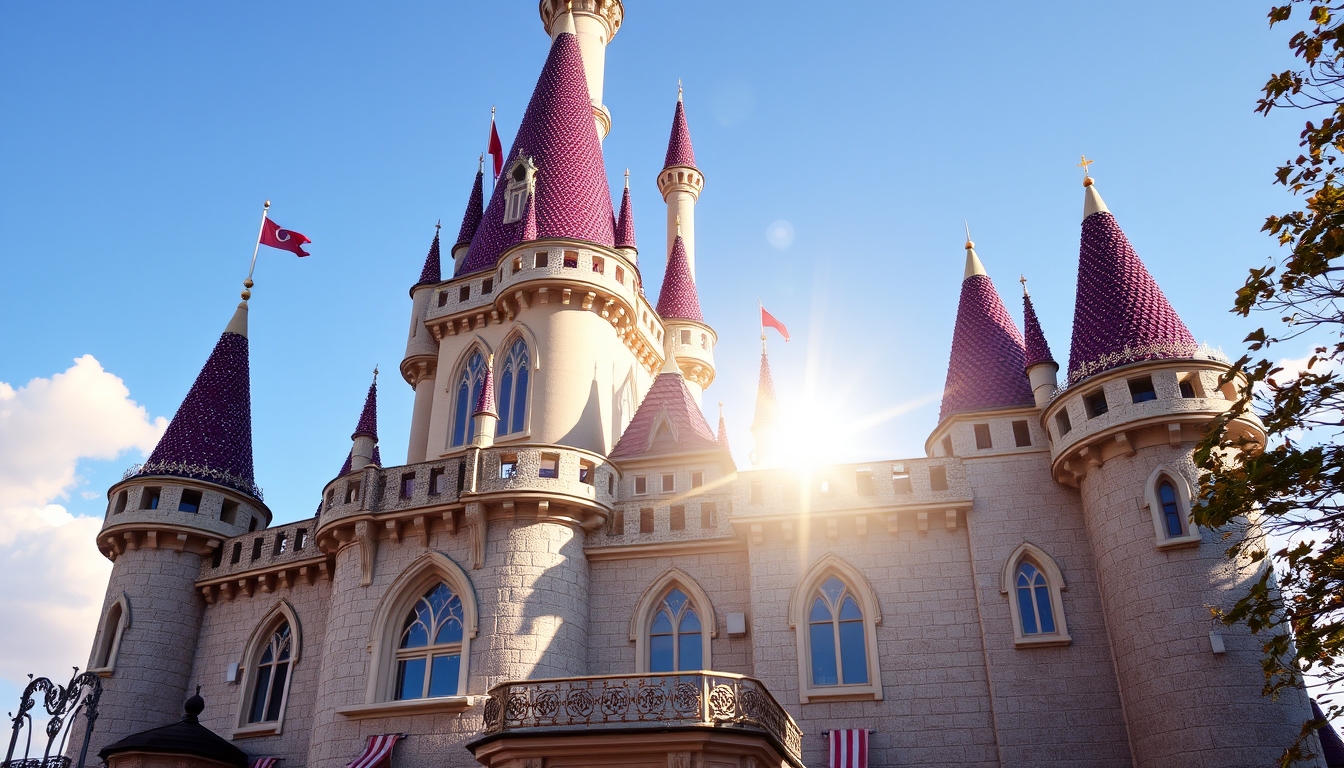 A whimsical fairy tale castle with glass turrets sparkling in the sunlight.