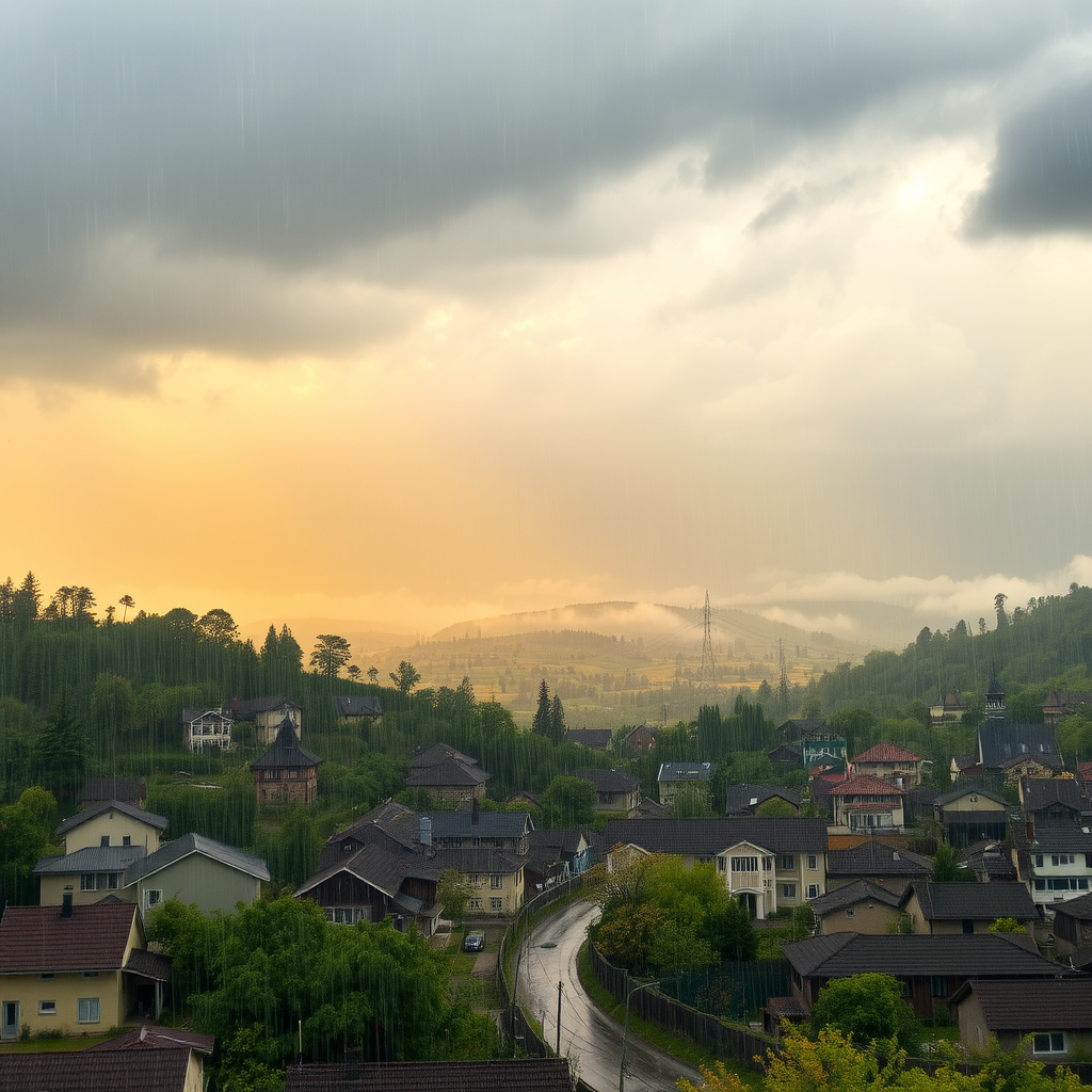 Peaceful rain storm in a heavenly town and countryside, with ambient golden light and everything has subtle clouds integrated into its structure. - Image